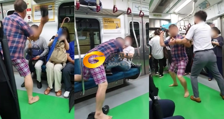 지난 27일 출근길 서울 지하철 2호선에서 한 50대 남성이 마스크 착용을 요구하는 승객들을 폭행하는 사건이 발생했다. <사진=해당 영상 캡쳐> <br>