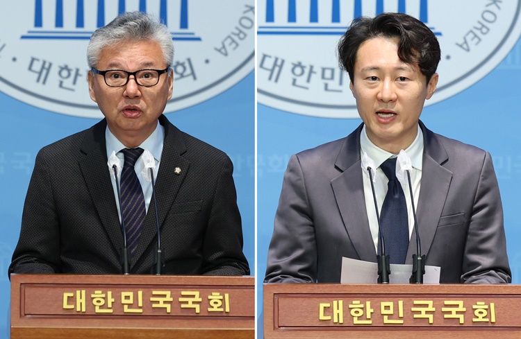 (왼쪽부터) 홍성국, 이탄희 더불어민주당 의원이 13일 오전 서울 여의도 국회에서 각각 제22대 총선 불출마 선언 기자회견을 하고 있다. <사진=뉴시스> 