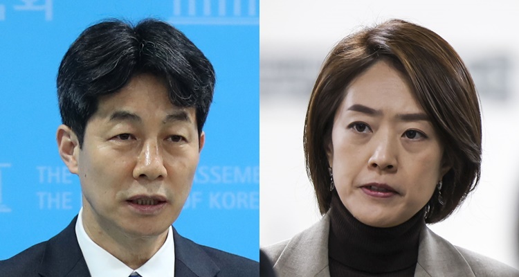 (왼쪽부터) 윤건영 더불어민주당 의원, 고민정 민주당 최고위원. <사진=뉴시스> 