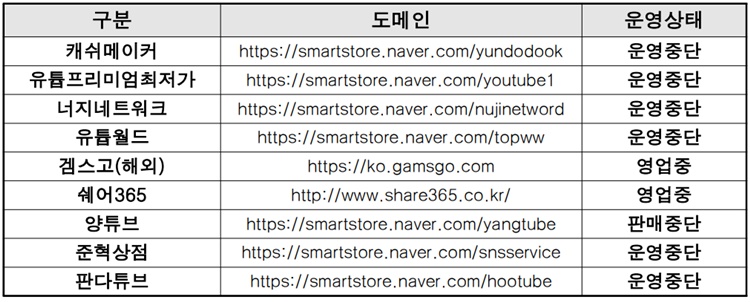 이달 18일 기준 소비자 피해 발생 유튜브 계정공유 이용권 판매 사이트. <자료제공=서울시>