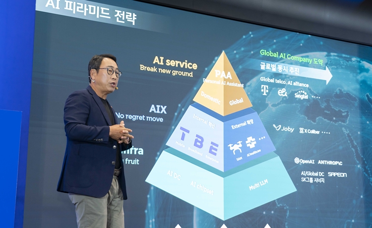 유영상 SK텔레콤 사장이 지난 2023년 9월 AI 피라미드 전략을 발표하고 있는 모습. <사진제공=SK텔레콤>